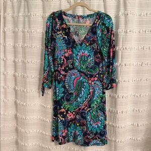 Navy Floral Paisley V-Neck Tunic Dress - Teal, Pink & Green